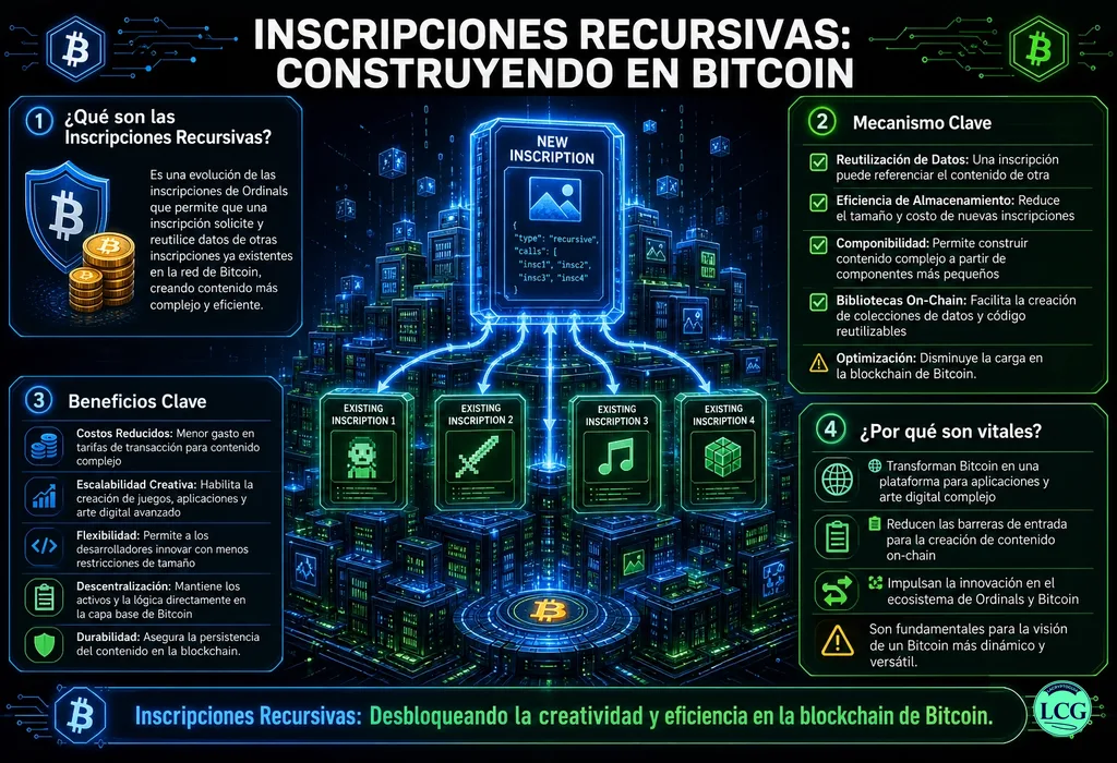 Infograf&iacute;a explicativa sobre Recursive Inscriptions en blockchain y crypto