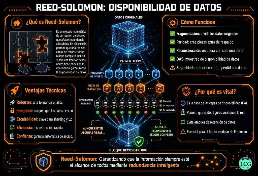 Infograf&iacute;a explicativa sobre Reed Solomon Erasure Coding en blockchain y crypto