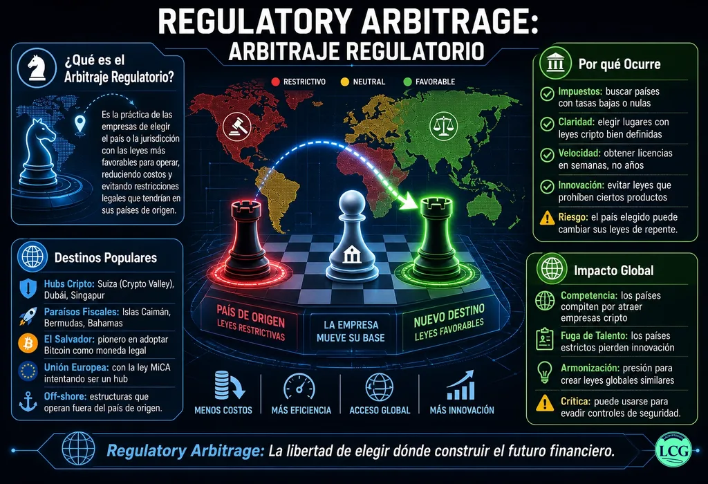 Infograf&iacute;a explicativa sobre Regulatory Arbitrage en blockchain y crypto