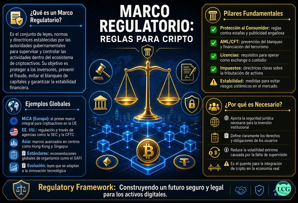 Infograf&iacute;a explicativa sobre Regulatory Framework en blockchain y crypto