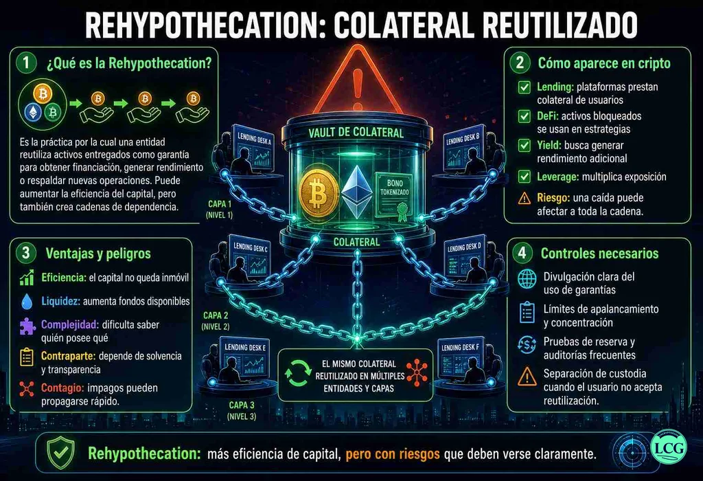 Infograf&iacute;a explicativa sobre Rehypothecation en blockchain y crypto