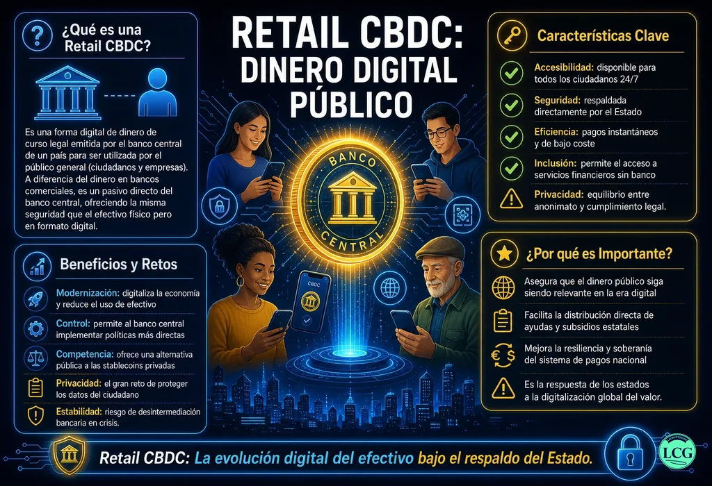 Infograf&iacute;a explicativa sobre Retail Cbdc en blockchain y crypto