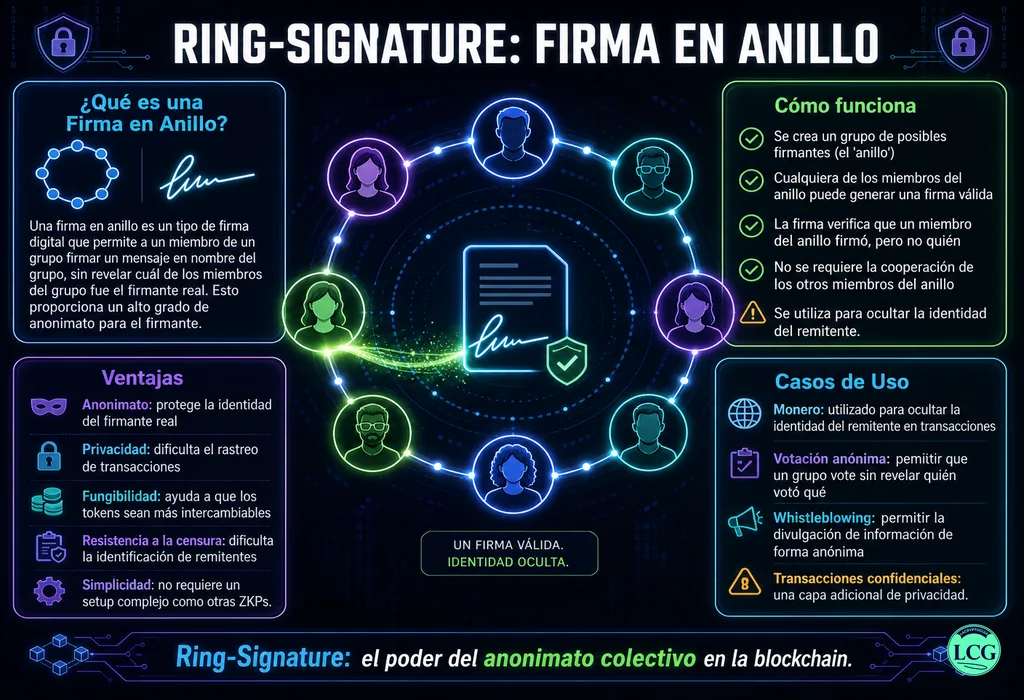 Infograf&iacute;a explicativa sobre Ring Signature en blockchain y crypto