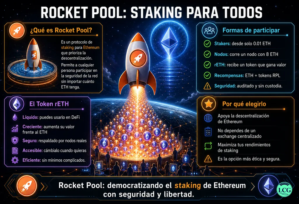 Infograf&iacute;a explicativa sobre Rocket Pool en blockchain y crypto