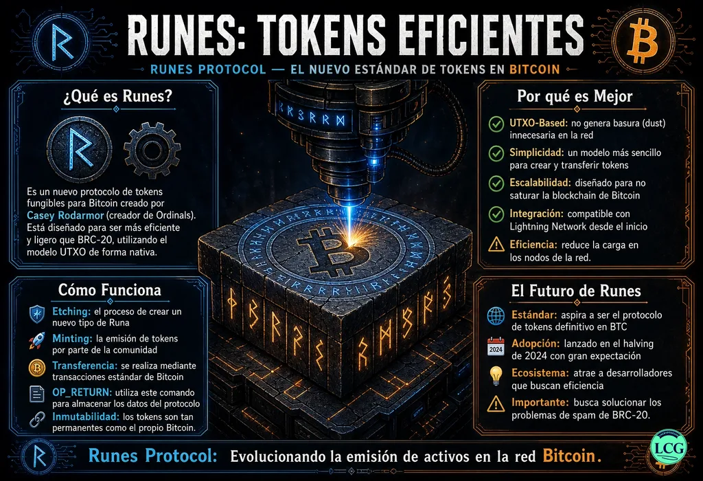 Infografía explicativa sobre Runes Protocol en blockchain y crypto
