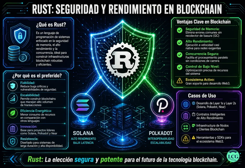 Infograf&iacute;a explicativa sobre Rust en blockchain y crypto