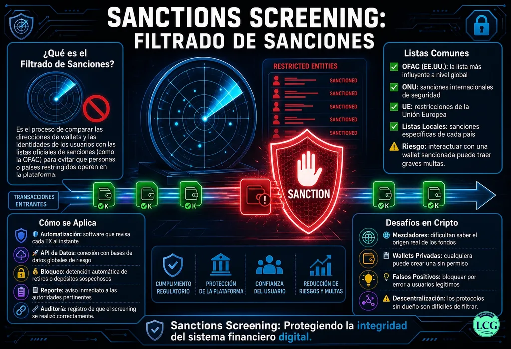 Infograf&iacute;a explicativa sobre Sanctions Screening en blockchain y crypto