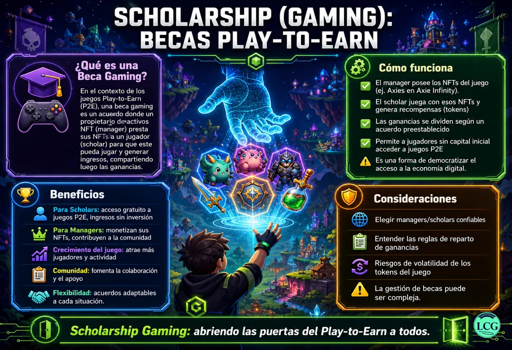 Infograf&iacute;a explicativa sobre Scholarship (Gaming) en blockchain y crypto