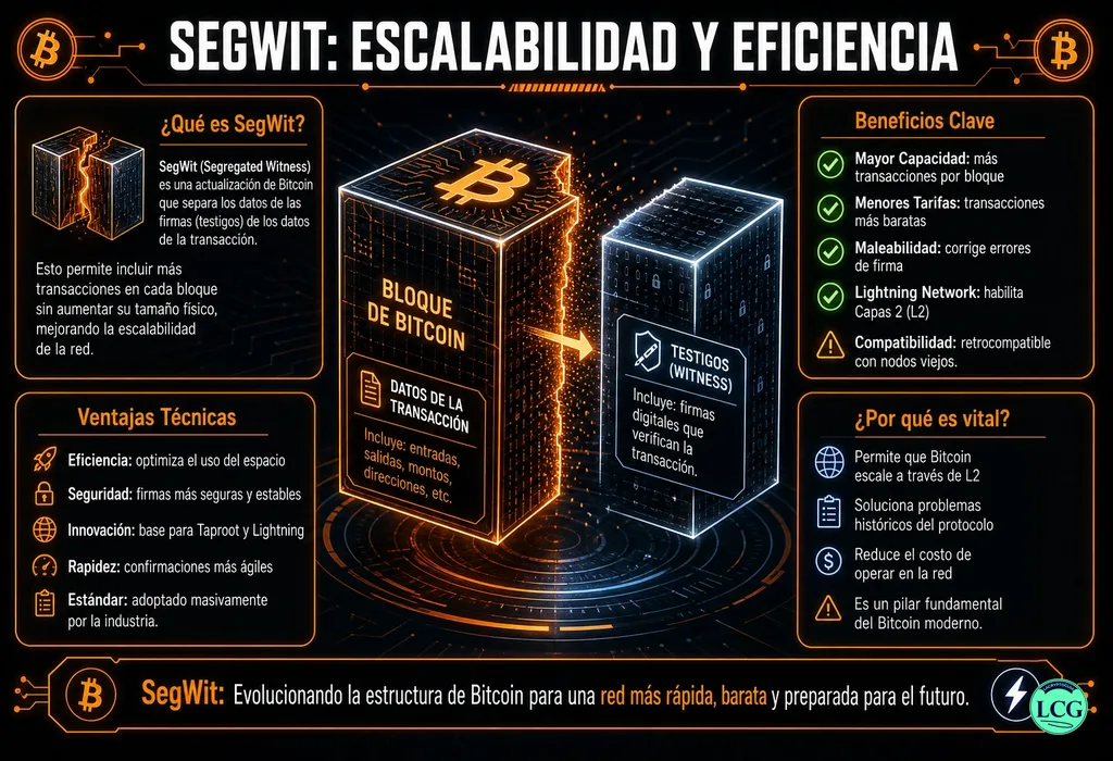 Infograf&iacute;a explicativa sobre Segwit en blockchain y crypto