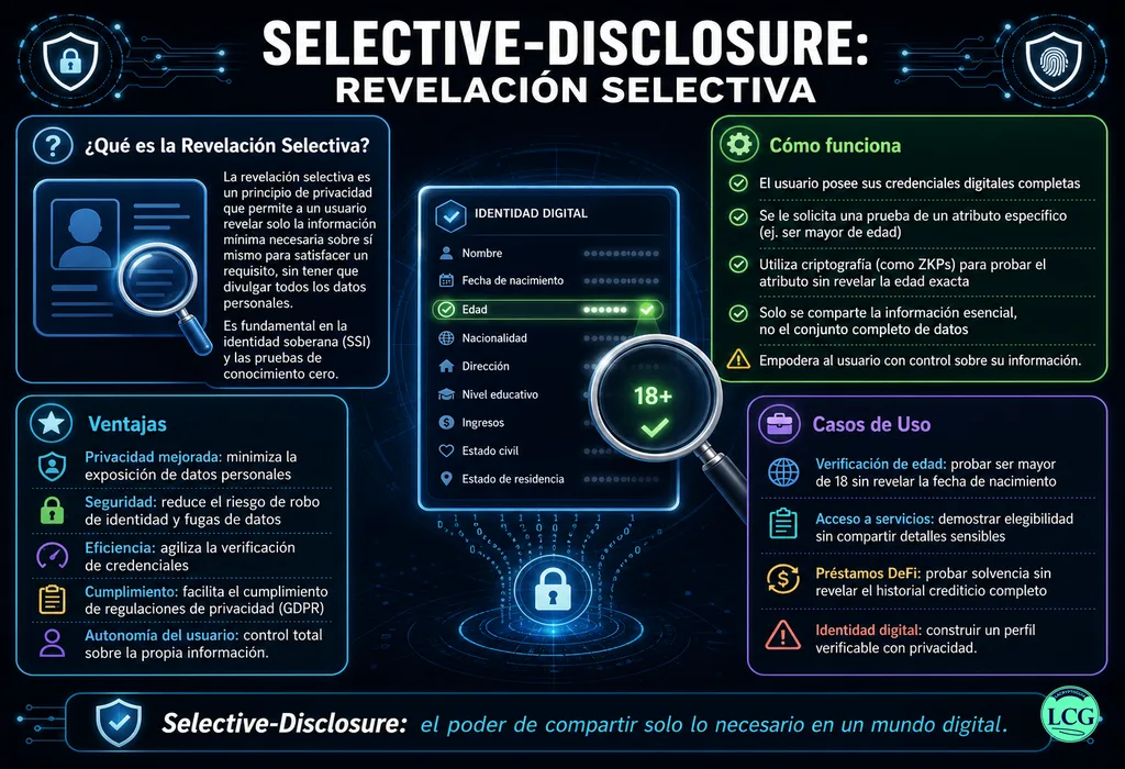 Infograf&iacute;a explicativa sobre Selective Disclosure en blockchain y crypto