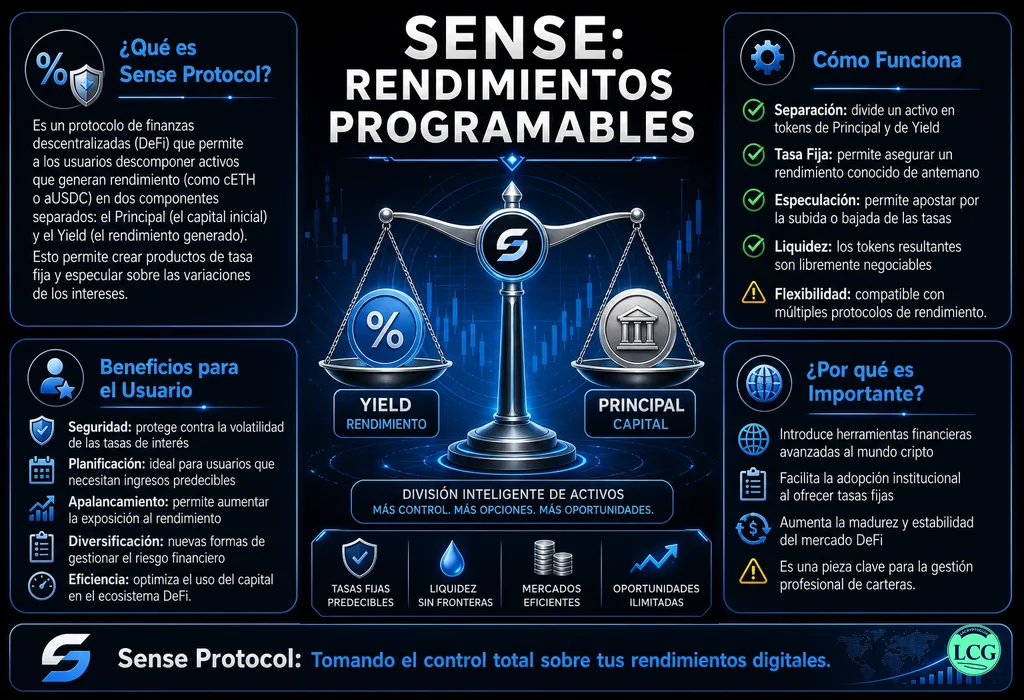 Infograf&iacute;a explicativa sobre Sense Protocol en blockchain y crypto