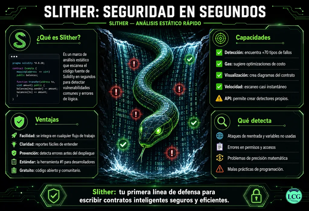 Infograf&iacute;a explicativa sobre Slither en blockchain y crypto