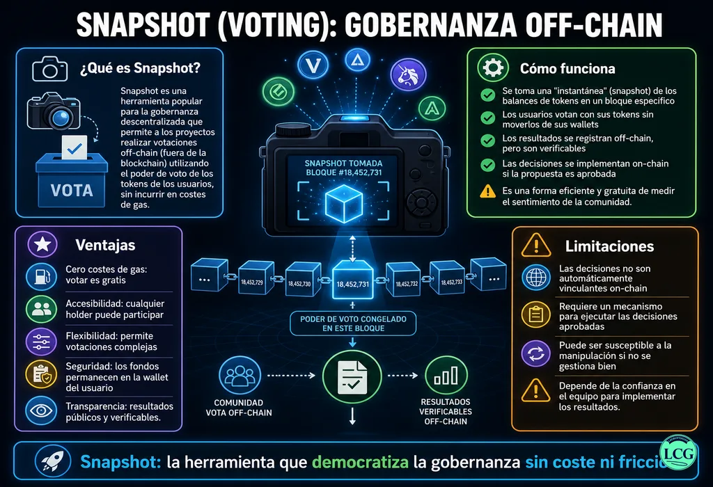 Infograf&iacute;a explicativa sobre Snapshot (Voting) en blockchain y crypto