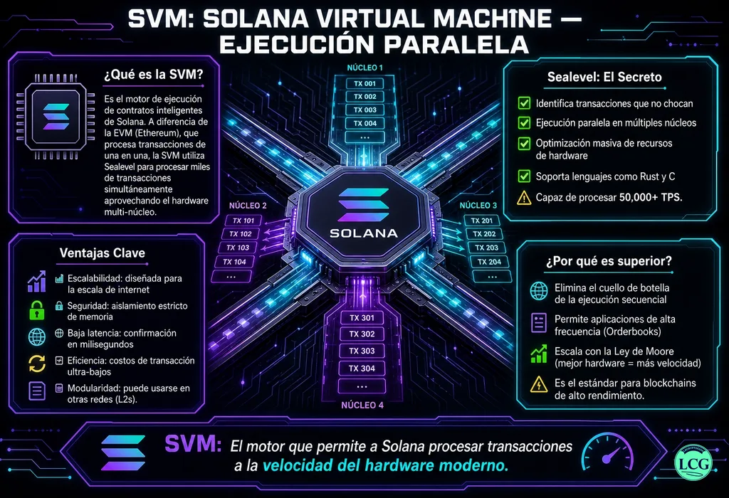 Infograf&iacute;a explicativa sobre Solana Virtual Machine (Svm) en blockchain y crypto