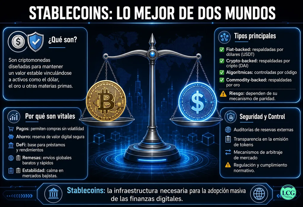 Infograf&iacute;a explicativa sobre Stablecoin en blockchain y crypto