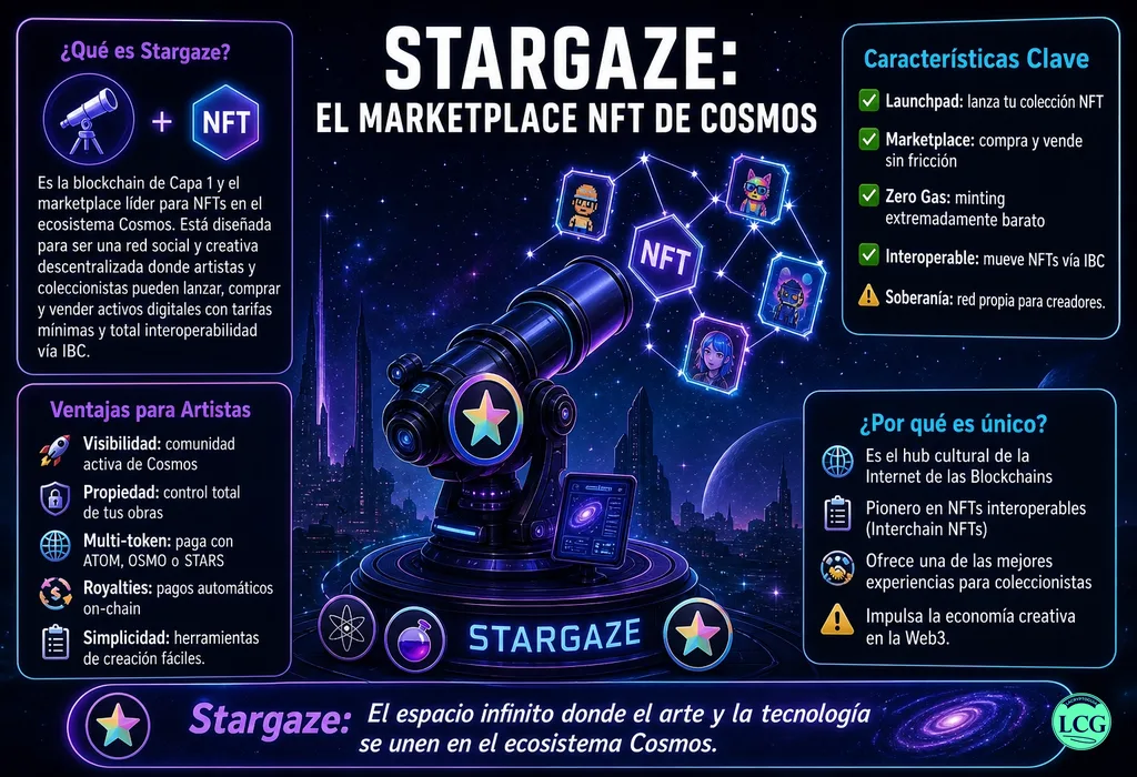 Infograf&iacute;a explicativa sobre Stargaze en blockchain y crypto