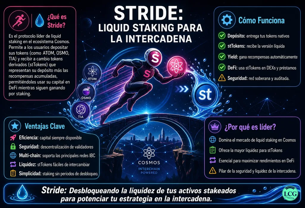 Infograf&iacute;a explicativa sobre Stride Liquid Staking en blockchain y crypto