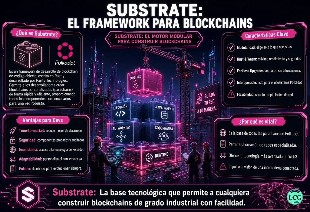 Infograf&iacute;a explicativa sobre Substrate Framework en blockchain y crypto