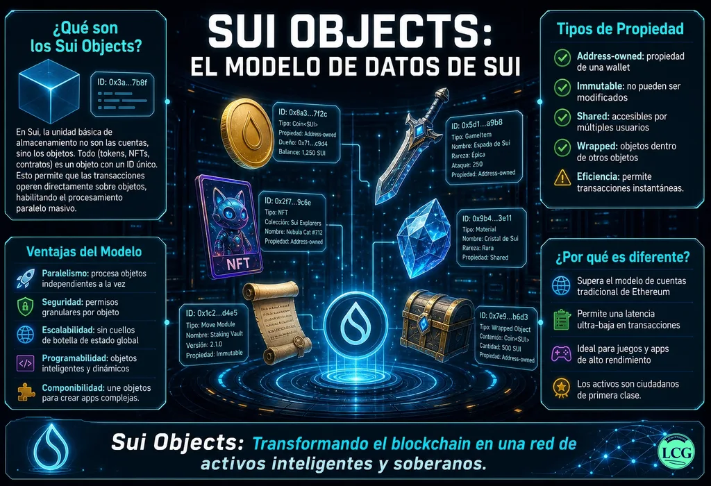 Infograf&iacute;a explicativa sobre Sui Objects en blockchain y crypto