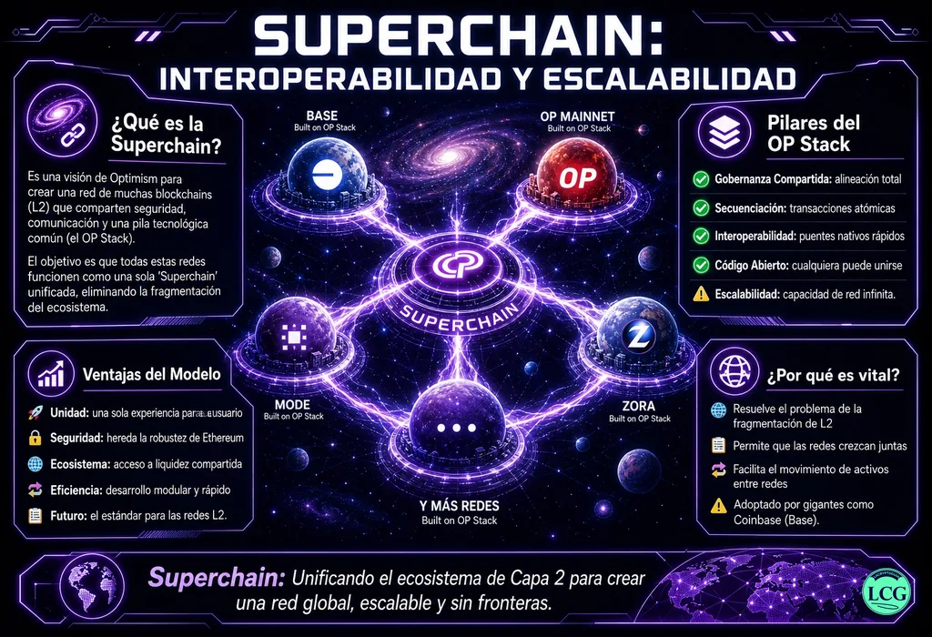 Infograf&iacute;a explicativa sobre Superchain en blockchain y crypto