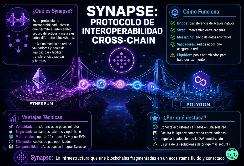 Infograf&iacute;a explicativa sobre Synapse Protocol en blockchain y crypto