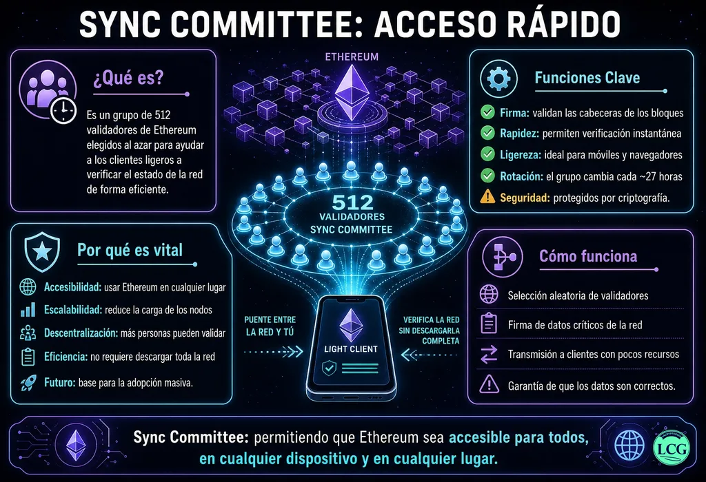 Infograf&iacute;a explicativa sobre Sync Committee en blockchain y crypto
