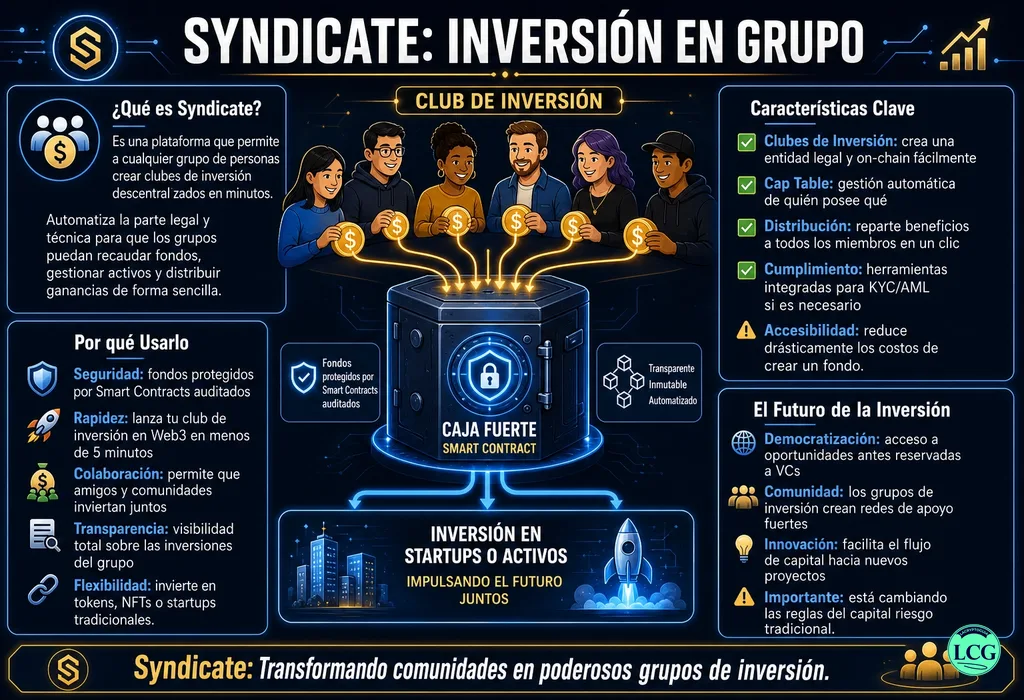 Infograf&iacute;a explicativa sobre Syndicate en blockchain y crypto