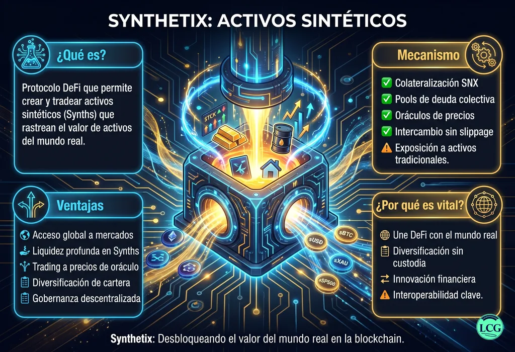 Infograf&iacute;a explicativa sobre Synthetix (Snx) en blockchain y crypto