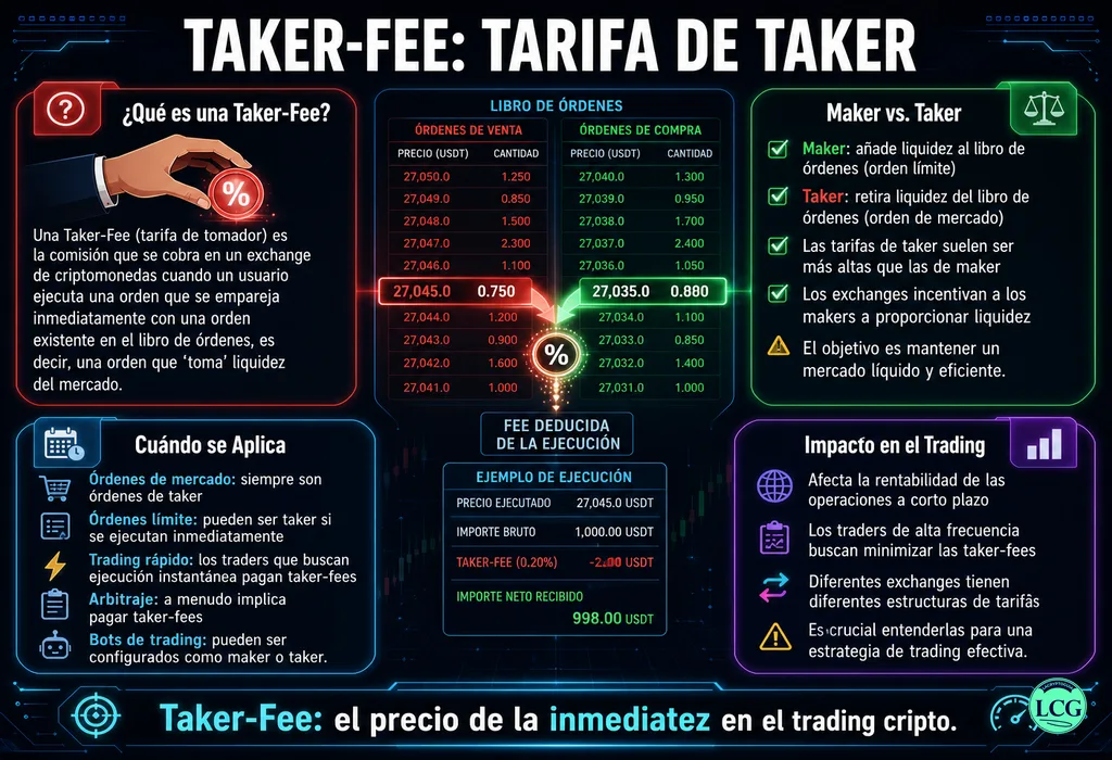Infograf&iacute;a explicativa sobre Taker Fee en blockchain y crypto