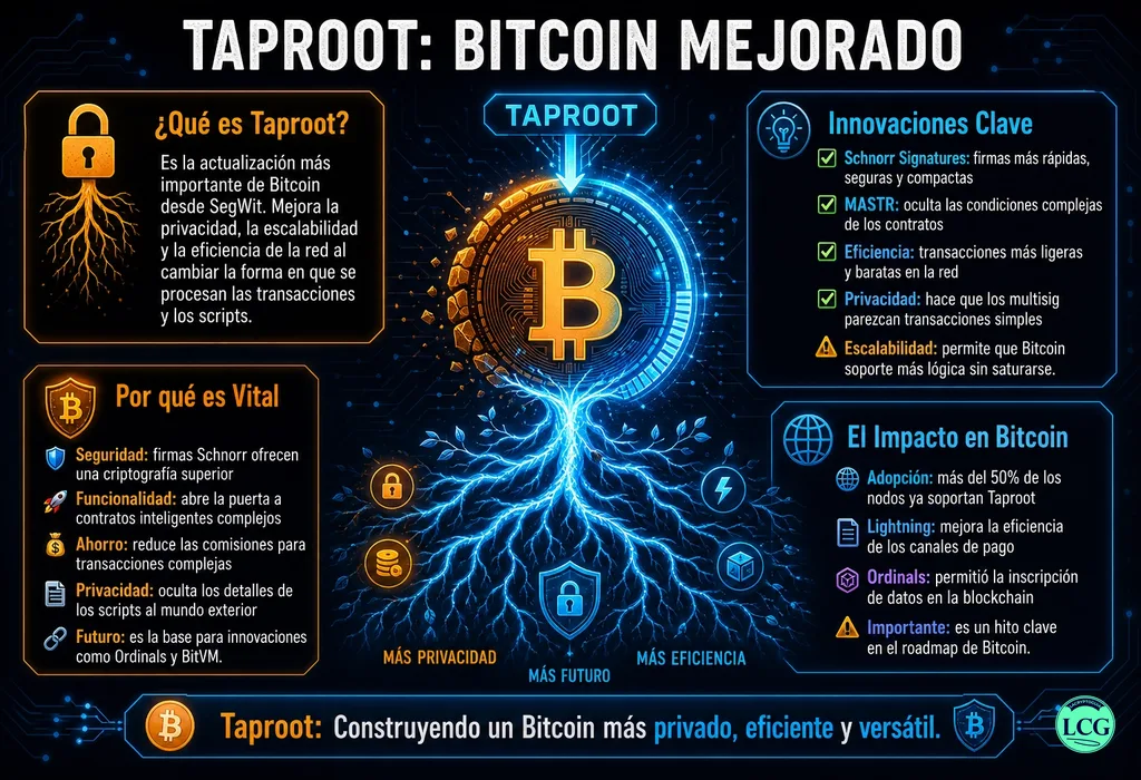 Infograf&iacute;a explicativa sobre Taproot en blockchain y crypto