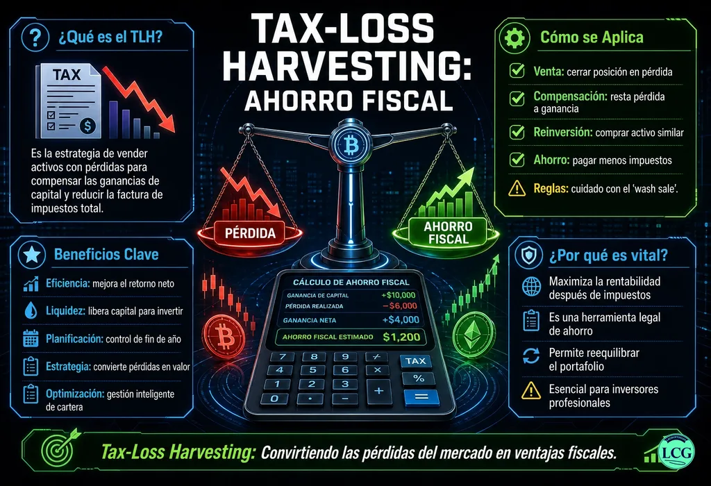 Infograf&iacute;a explicativa sobre Tax Loss Harvesting en blockchain y crypto