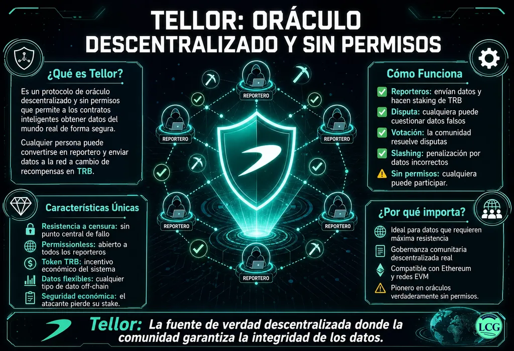 Infografía explicativa sobre Tellor en blockchain y crypto