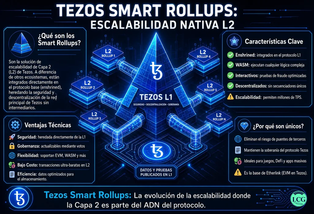 Infograf&iacute;a explicativa sobre Tezos Smart Rollups en blockchain y crypto