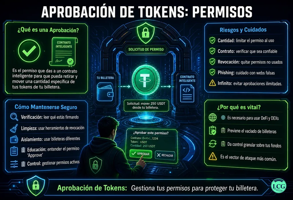 Infograf&iacute;a explicativa sobre Token Approvals en blockchain y crypto