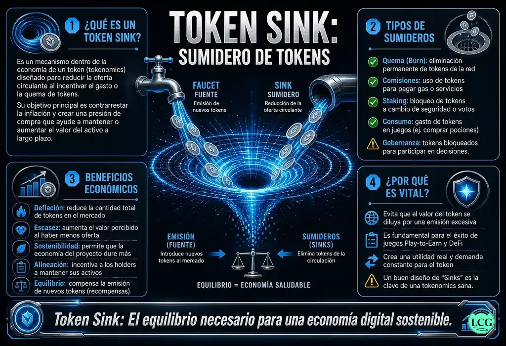 Infograf&iacute;a explicativa sobre Token Sink en blockchain y crypto