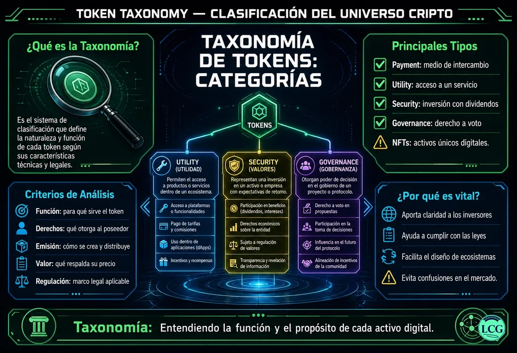 Infograf&iacute;a explicativa sobre Token Taxonomy en blockchain y crypto