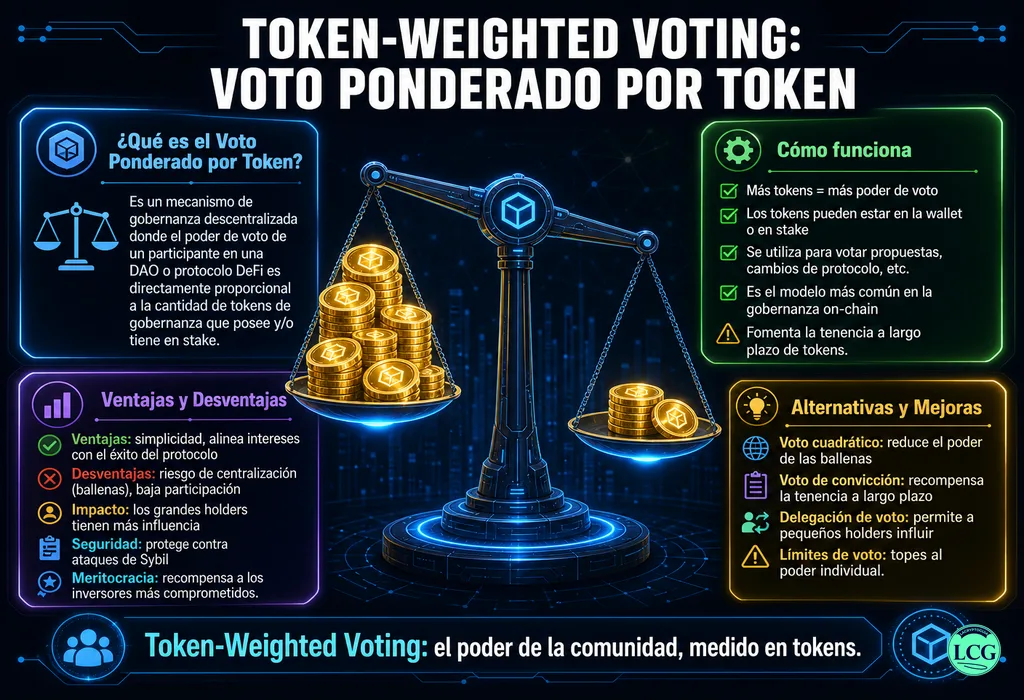 Infograf&iacute;a explicativa sobre Token Weighted Voting en blockchain y crypto