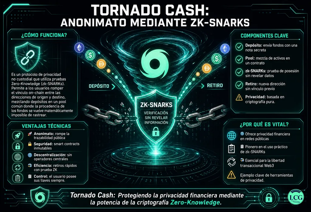 Infograf&iacute;a explicativa sobre Tornado Cash Mechanics en blockchain y crypto
