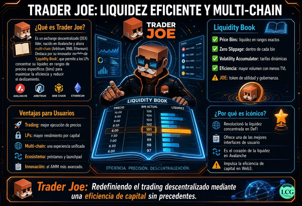 Infograf&iacute;a explicativa sobre Trader Joe en blockchain y crypto