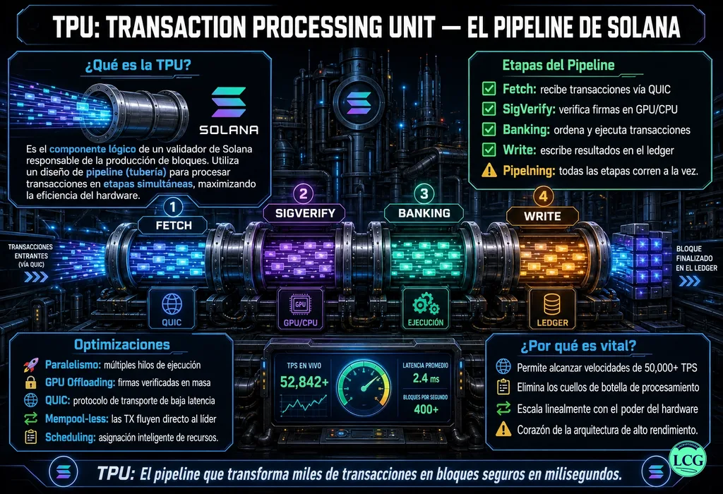 Infograf&iacute;a explicativa sobre Transaction Processing Unit (Tpu) en blockchain y crypto