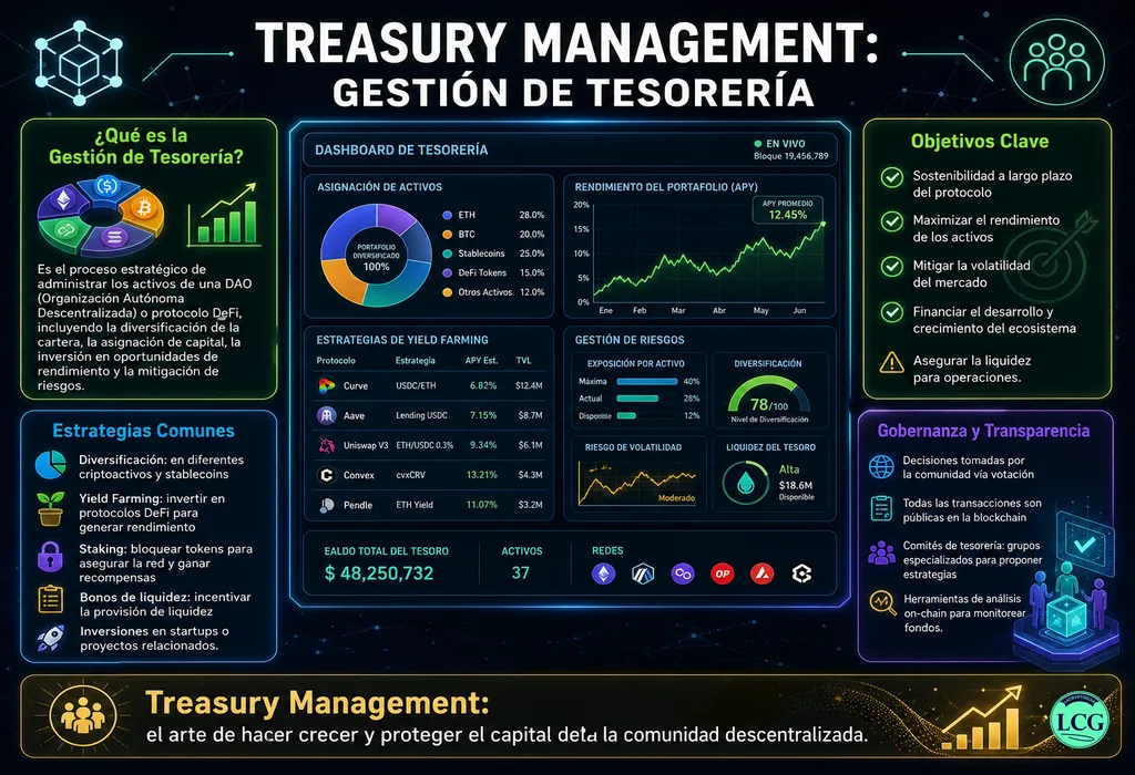 Infograf&iacute;a explicativa sobre Treasury Management en blockchain y crypto