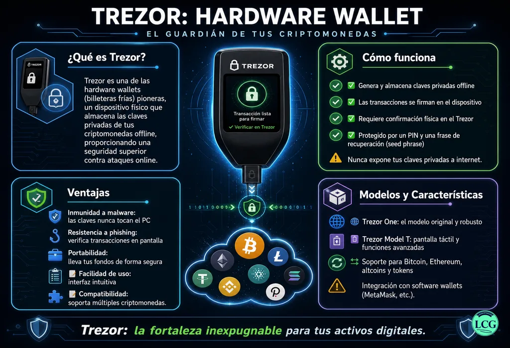 Infograf&iacute;a explicativa sobre Trezor en blockchain y crypto