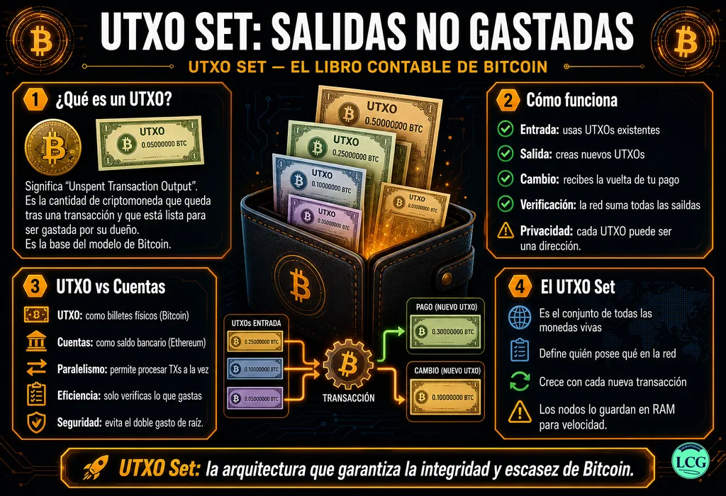Infograf&iacute;a explicativa sobre Utxo Set en blockchain y crypto