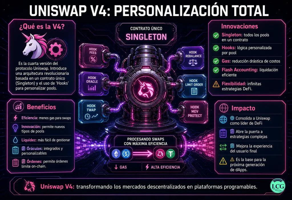 Infograf&iacute;a explicativa sobre Uniswap V4 en blockchain y crypto