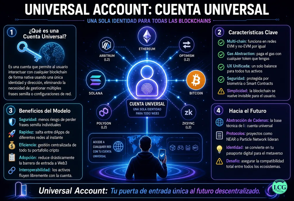 Infograf&iacute;a explicativa sobre Universal Account en blockchain y crypto