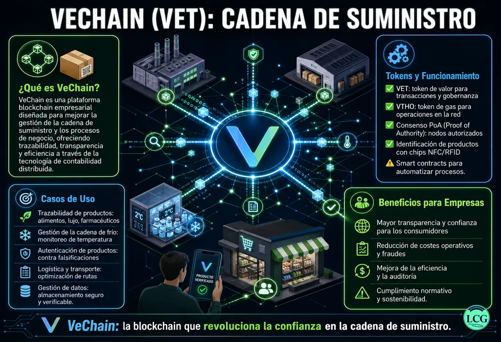 Infograf&iacute;a explicativa sobre Vechain (Vet) en blockchain y crypto