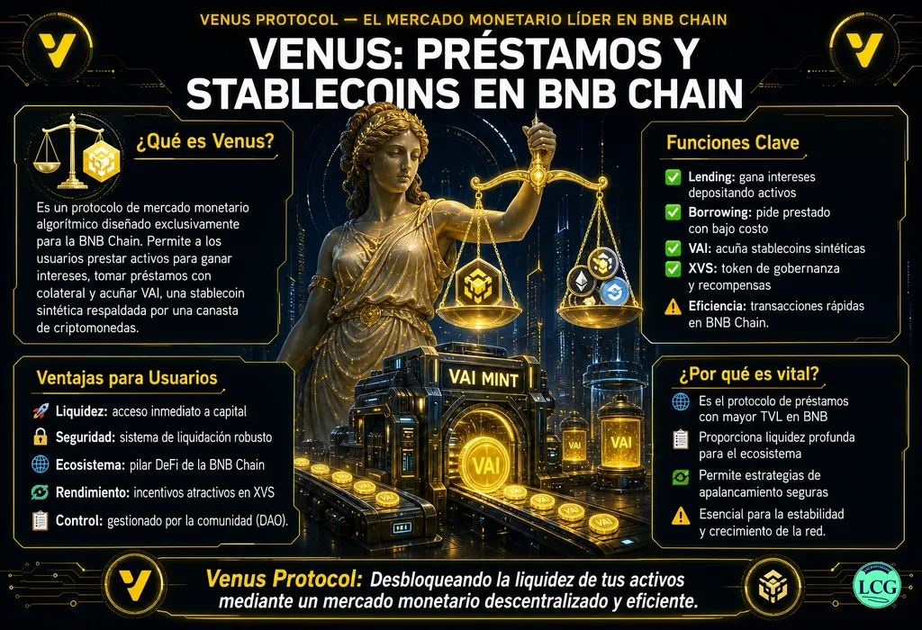 Infograf&iacute;a explicativa sobre Venus Protocol en blockchain y crypto