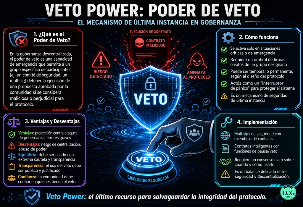Infograf&iacute;a explicativa sobre Veto Power en blockchain y crypto