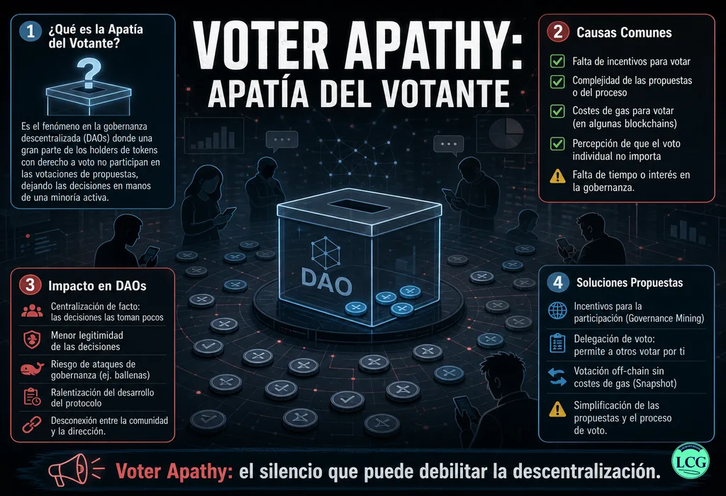 Infograf&iacute;a explicativa sobre Voter Apathy en blockchain y crypto
