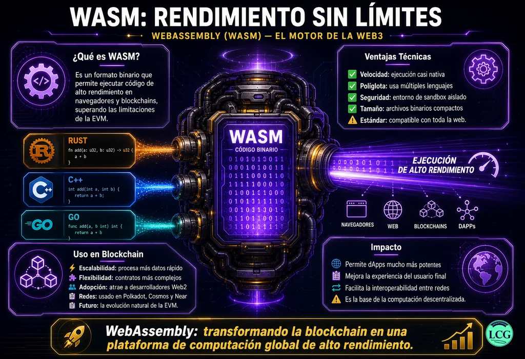Infografía explicativa sobre Webassembly (Wasm) en blockchain y crypto